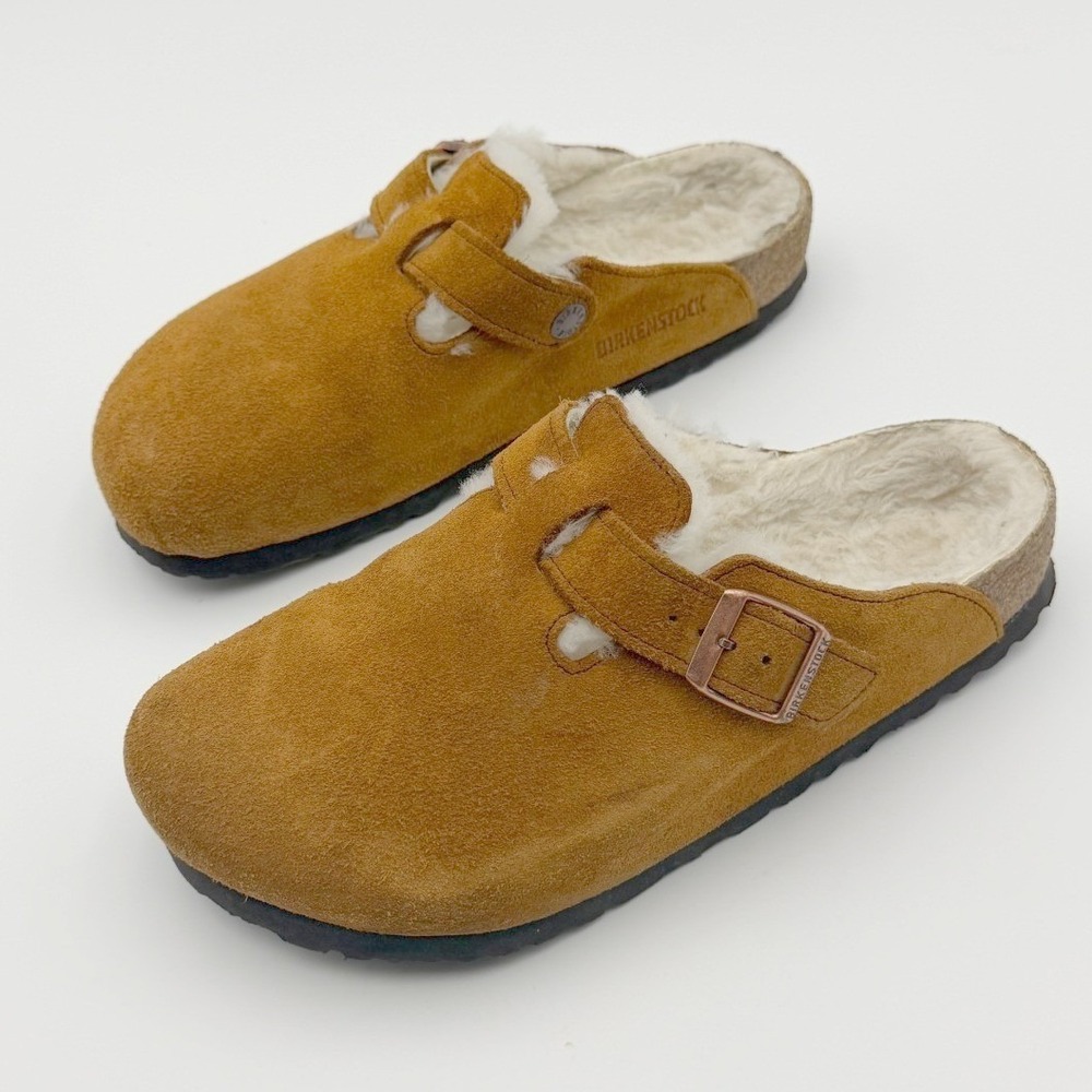 Birkenstock Womens 37 Brown Suede Leather Boston Cozy Shearling Clogs Germany - Picture 3 of 8